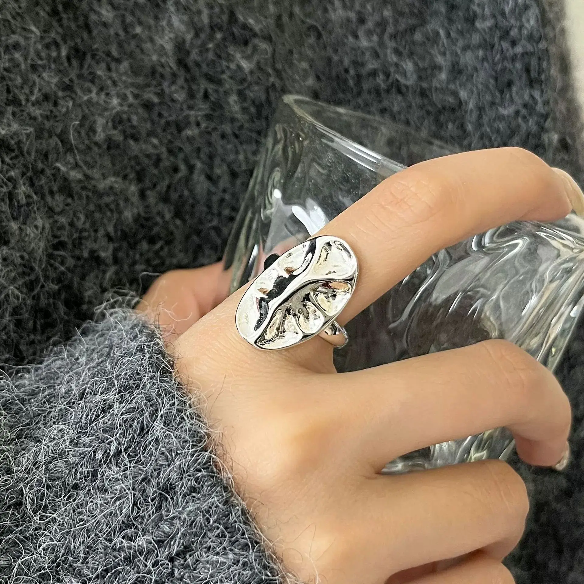 PANJBJ – bague froissée Ellipse en argent Sterling 925 pour femmes, géométrie texturée, lave liquide, Punk, bijoux ouverts, cadeau, livraison directe