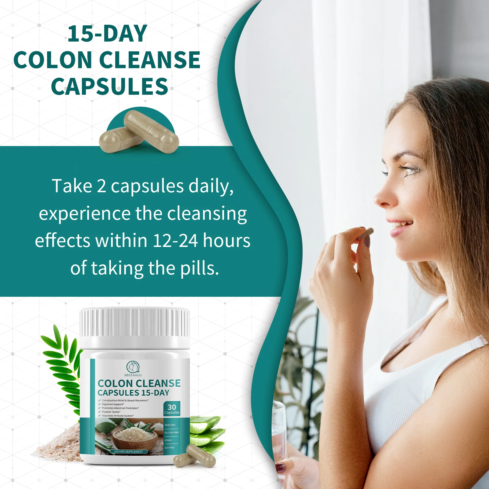 BBEEAAUU 15 Days Colon Cleanse Capsules Support Overall Colon Health Constipation Relief Promotes Digestion Daily Detox Non-GMO