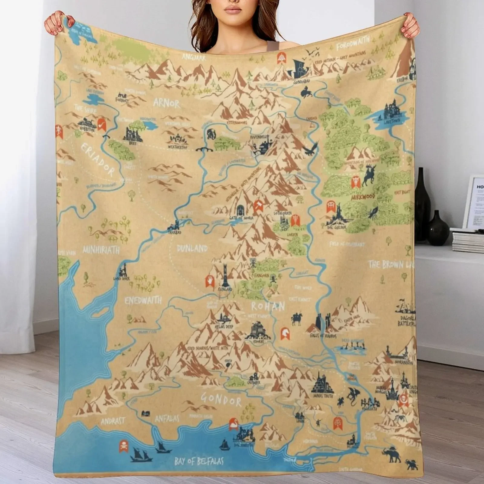 

J.R.R. Tolkien - Middle Earth map,simple icon illustrations Throw Blanket Decorative Sofa Comforter Luxury St Moving Blankets