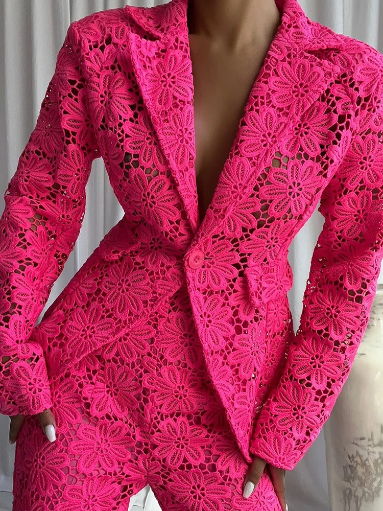 Hot Pink Lace Two Piece Set For Women Floral Hollow Out See Through Blazer Jacket & Slim Fit Pants Elegant Party Suit 2026 - view 3