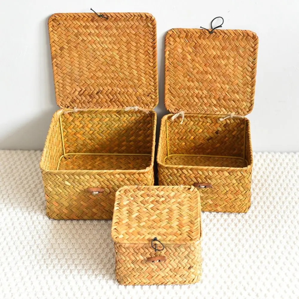 Hot Sale Lid Wicker Shelf Baskets Rectangular Handwoven Storage Box with Lid Rattan Weaving Wardrobe Living Room