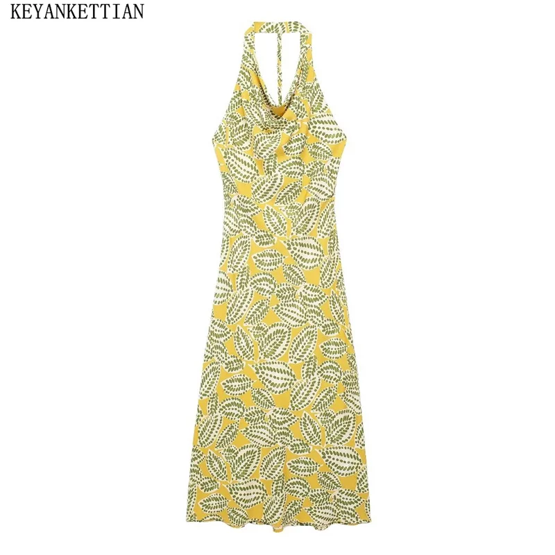 

KEYANKETIAN 2024 New Launch Women's Swing collar Halter dress Summer Holiday wind Leaves Print Backless Slim A Line MIDI Dresses