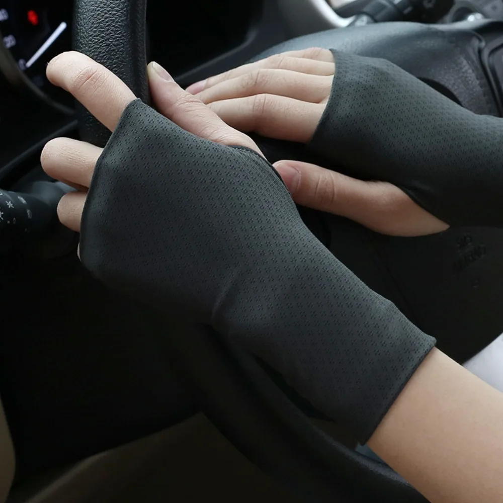Elastic Fingerless Gloves Solid Color Thin Half Finger Sunscreen Gloves Protect Wrist Wristband Anti-UV Ice Silk Mittens Cycling