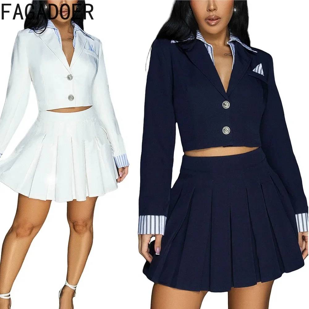 

FAGADOER Autumn New Pleated Skirt Sets Stripe Patchwork Buttons Cropped Blazer and Mini Skirts Academic Vintage Street Wear