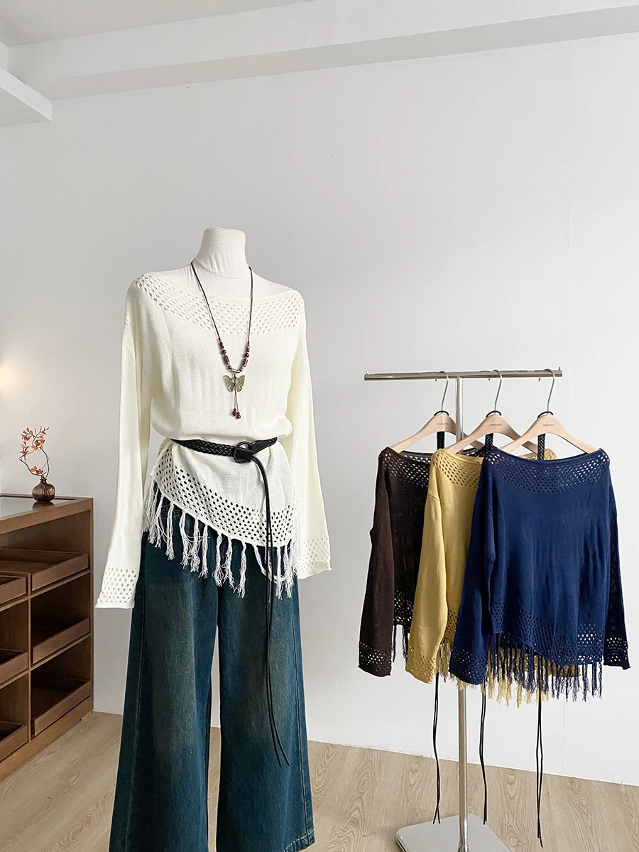

2025 Autumn New Korean Style Knitted Long Sleeve Loose Slimming Tassel Hollow out Women's Top Polyester Fiber Hoodie