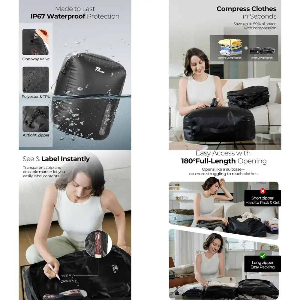 

Portable Reusable Compression Bags with Wireless Pump, 180° Zipper, Waterproof, Space-Saving for Travel and Home Storage (1 Pack