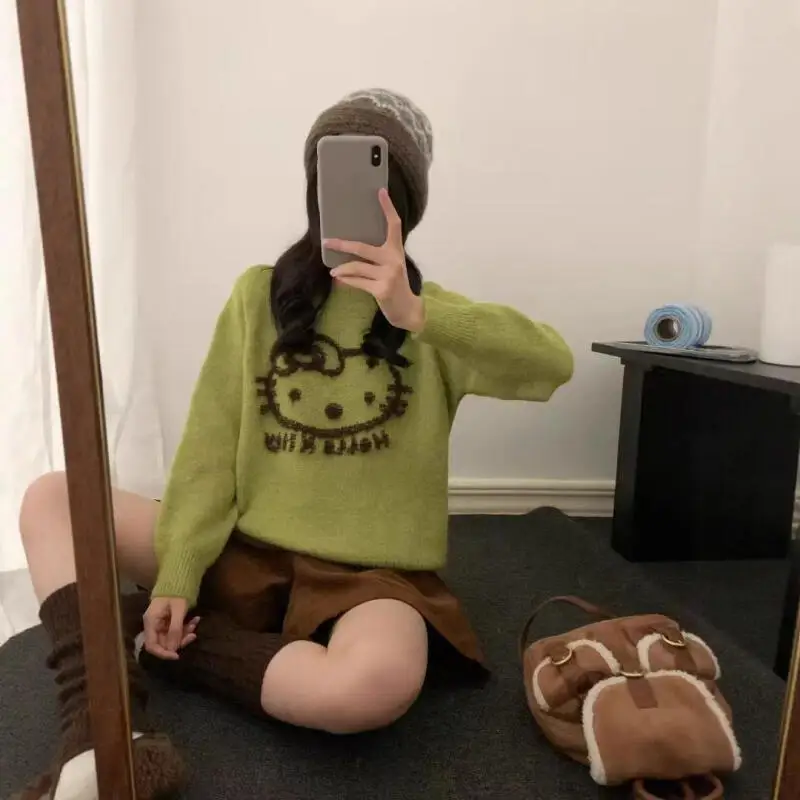 เสื้อสเวตเตอร์การ์ตูนลายคิตตี้สำหรับผู้หญิง ฤดูหนาว ลายแจ็คการ์ด ทรงโอเวอร์ไซส์ สีครีม สไตล์วินเทจ เนื้อผ้านุ่มสบาย แฟชั่น