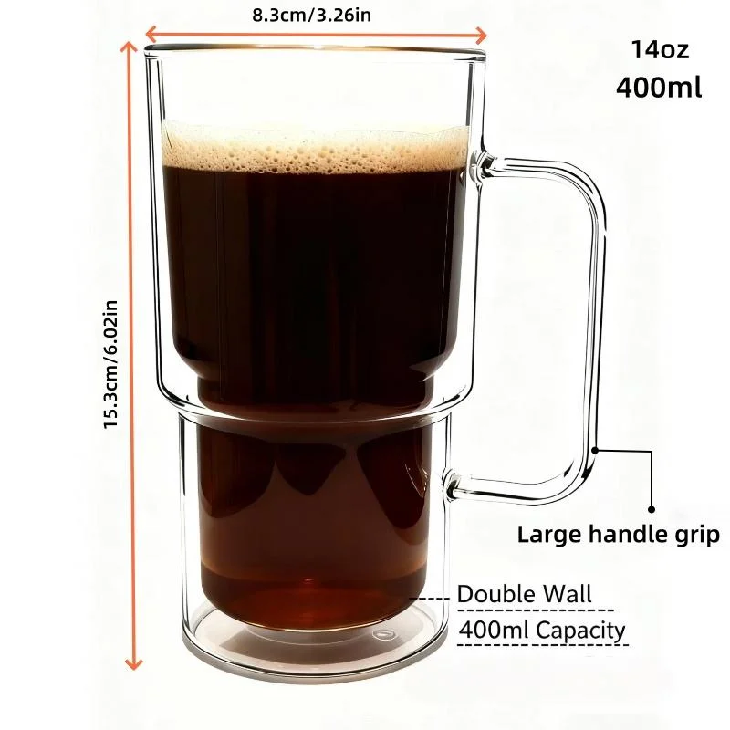 1/2/4Pcs High Borosilicate Glass Cup Containers, Double-Section Style Cups, Coffee Cups with Handles, Double-Layer Creative Wine Glasses, Modern Style Beer Glasses, Wide-Mouth Mason Cups, Double-Layer Thickened Glassware, Large Capacity 400ml Transparent Cup Containers, Suitable for Home, Office, Cafes, and Bars, Heat-Resistant High Borosilicate Transparent Glass Coffee Cups