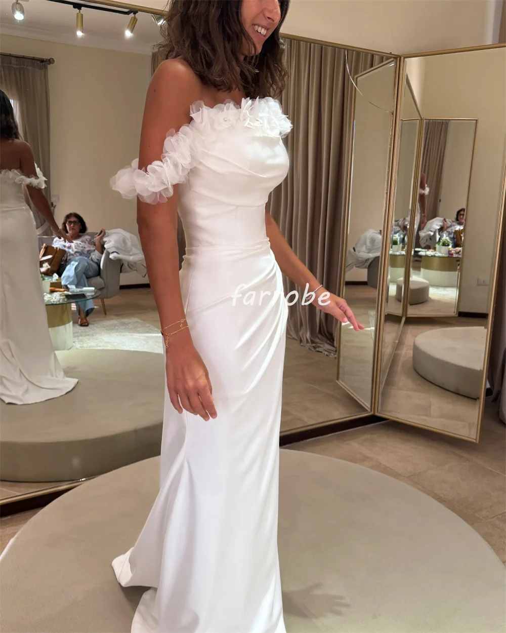 Customized Exquisite Pleat Flower Button Straight Off-the-shoulder Long Dresses Bespoke Occasion Dresses Matching Elegant