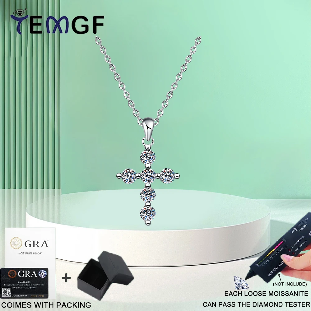 

TEMGF Full 3mm D Color Moissanite Necklace for Women 100% S925 Sterling Silver Cross Pendant Luxury Sparkling Fine Jewelry Gifts