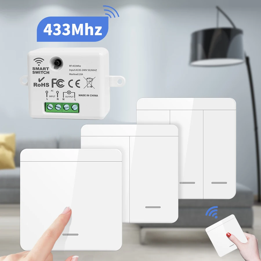 Wireless Light Wall Switch Relay Receiver RF 433Mhz 1/2/3Gang Panel Switch Remote Control Interruptor for LED Lamp 10A 110V 220V