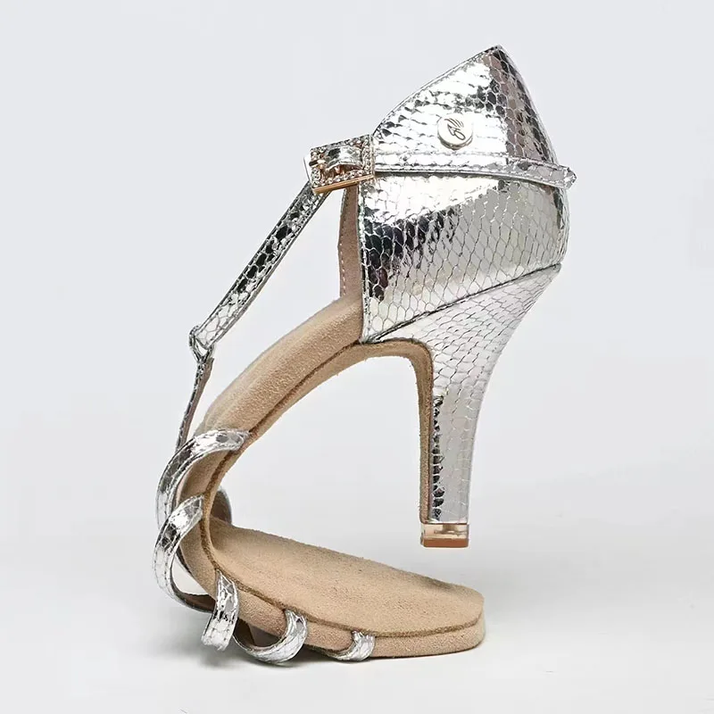 Venny Zapatos de baile latino, zapatos de salón profesionales plateados con suela flexible para mujer para competición Rumba Cha