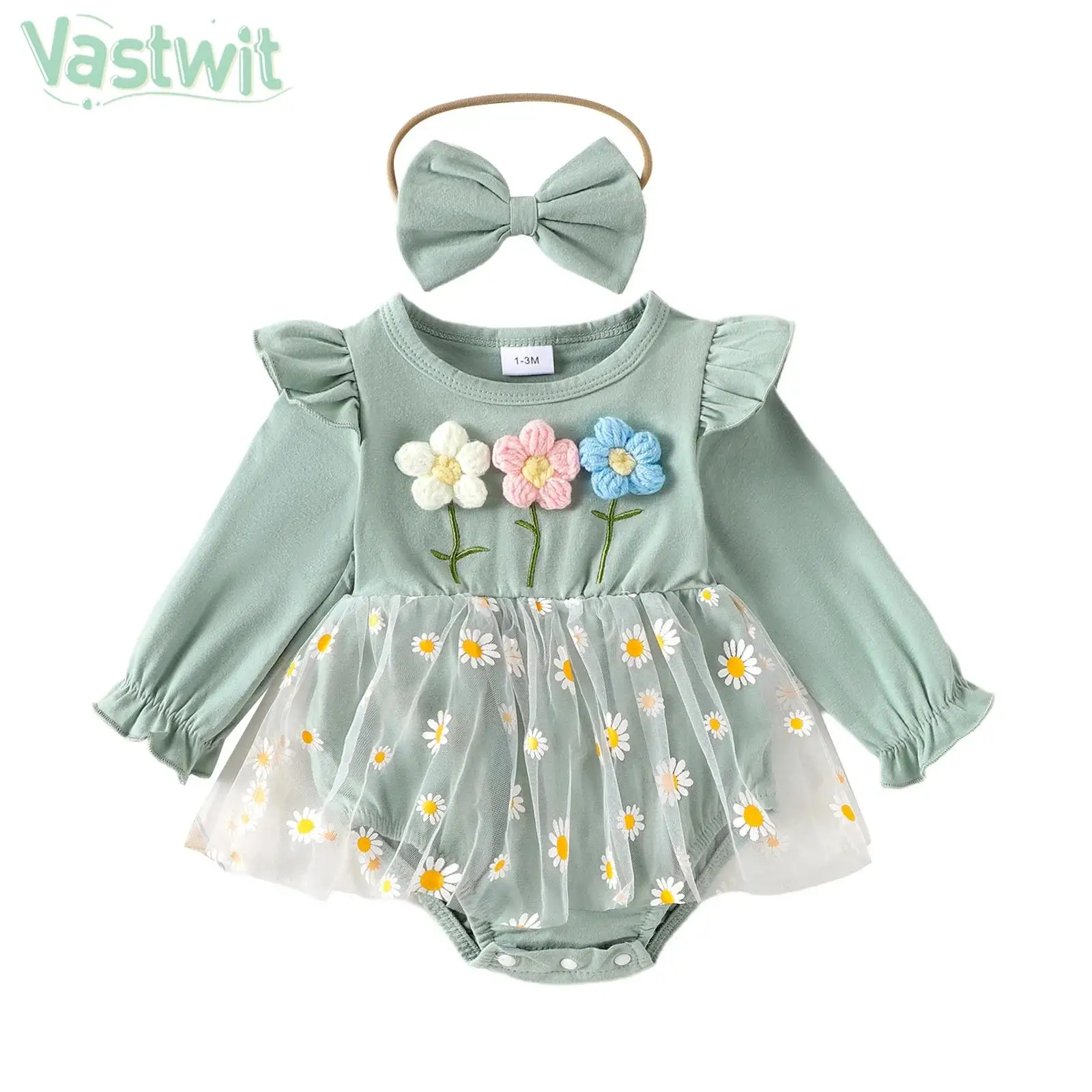 

Комбинезон для маленьких девочек на день рождения, комбинезон для фотосъемки, платье принцессы с длинными рукавами, сетчатое боди с милым цветком и повязкой на голову