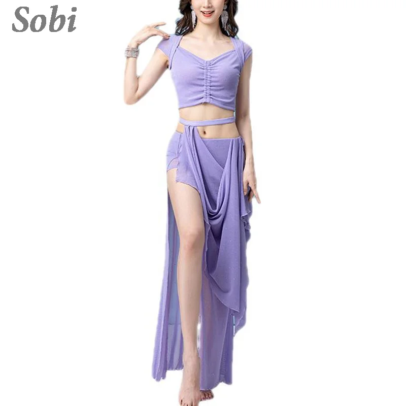 Ropa de práctica de danza del vientre para mujer, Top de manga corta y falda dividida, traje de práctica para principiantes, ropa de Baile Oriental