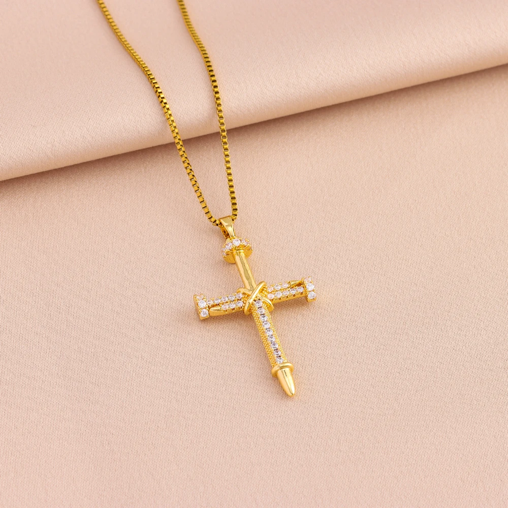 New Zircon Inlay Nail Cross Pendant Necklaces For Women Trendy Punk Style Female Stainless Steel Neck Chain Jewelry Wholesale