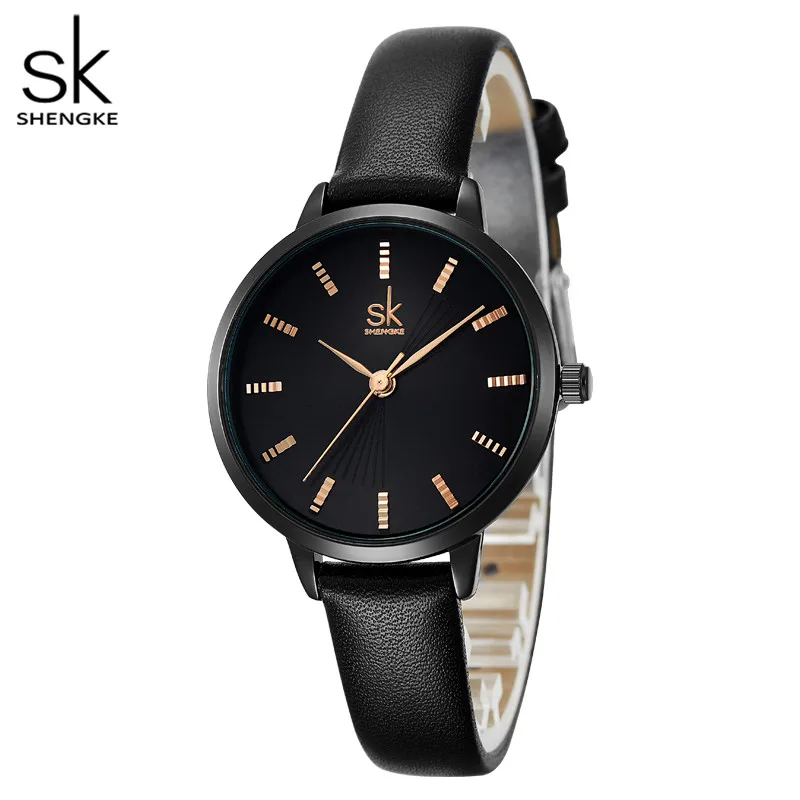 SHENGKE SK Top Luxus Frauen Uhren Schwarz Leder Strap Damen Quarz Armbanduhren Original Design Diamant Womans Uhr Dropship