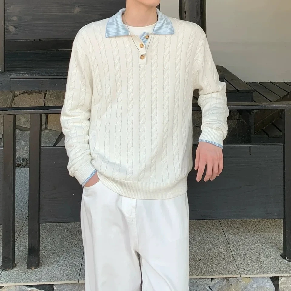 2025 Autumn New Men Turn Down Collar Sweater Solid Color Loose Versatile Long Sleeve Top Contrast Color Collar Design