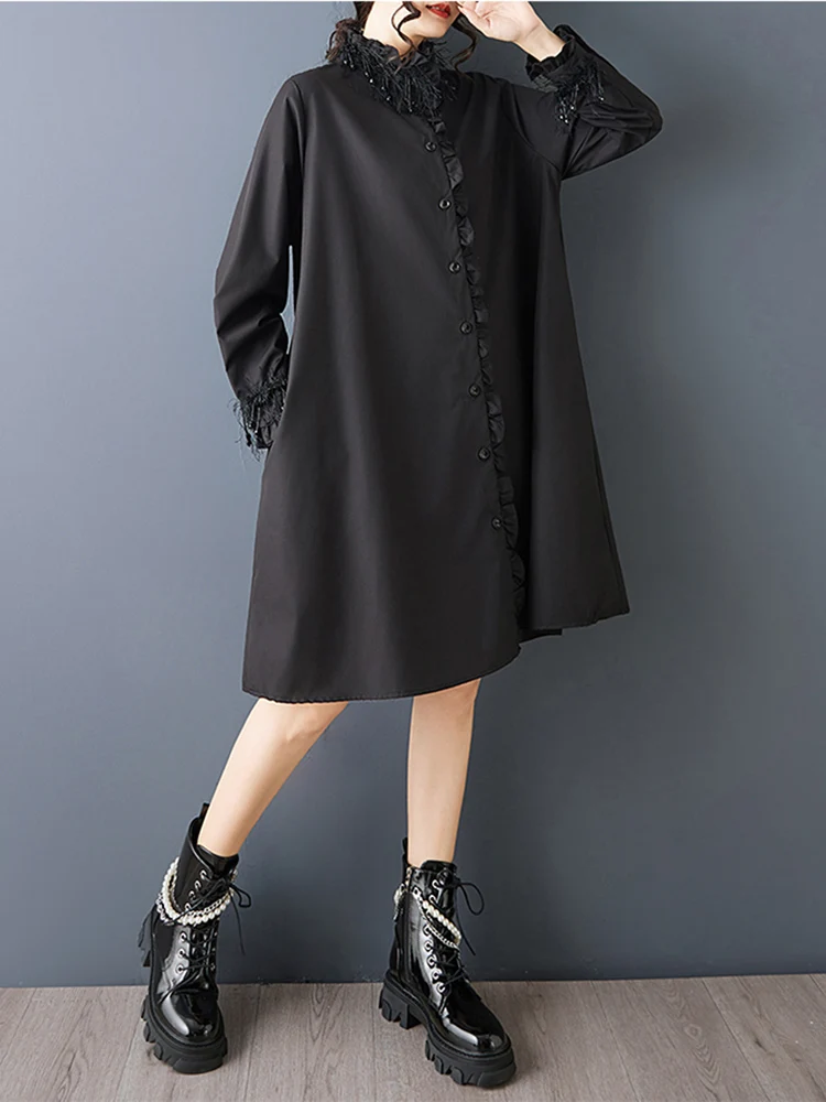 Oversized Black Vintage Shirt Dresses For Women Stand Collar Long Sleeve Loose Casual Dress Elegant Clothing Spring Autumn 2025