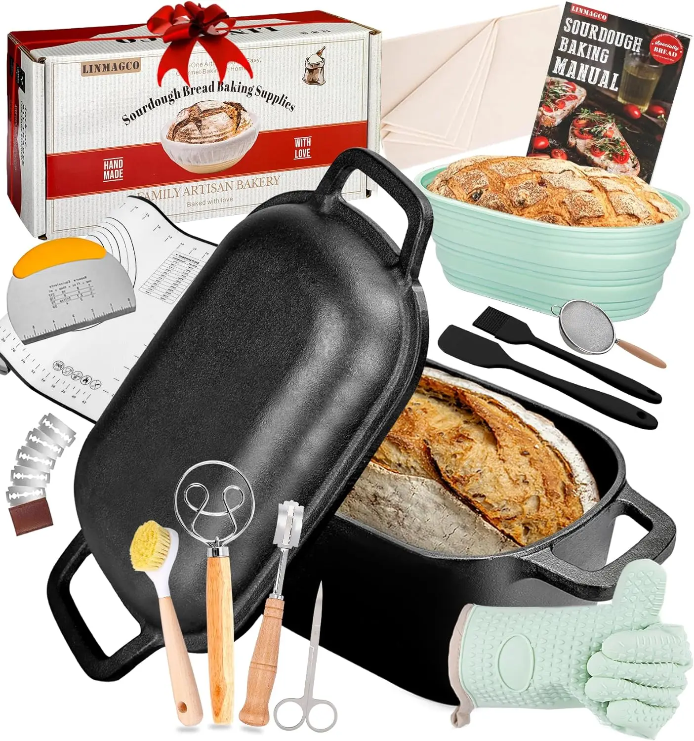 

Complete 11-Piece Sourdough Starter Set with 3.6QT Oval Cast Iron Dutch Oven for Artisan Bread Baking
