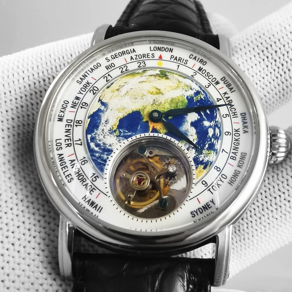 Men\'s Globe Earth Tourbillon Mechanical Watches ST8000 Movement 3D Enamel Dial Sapphire 1963 Men Watch Alligator Leather