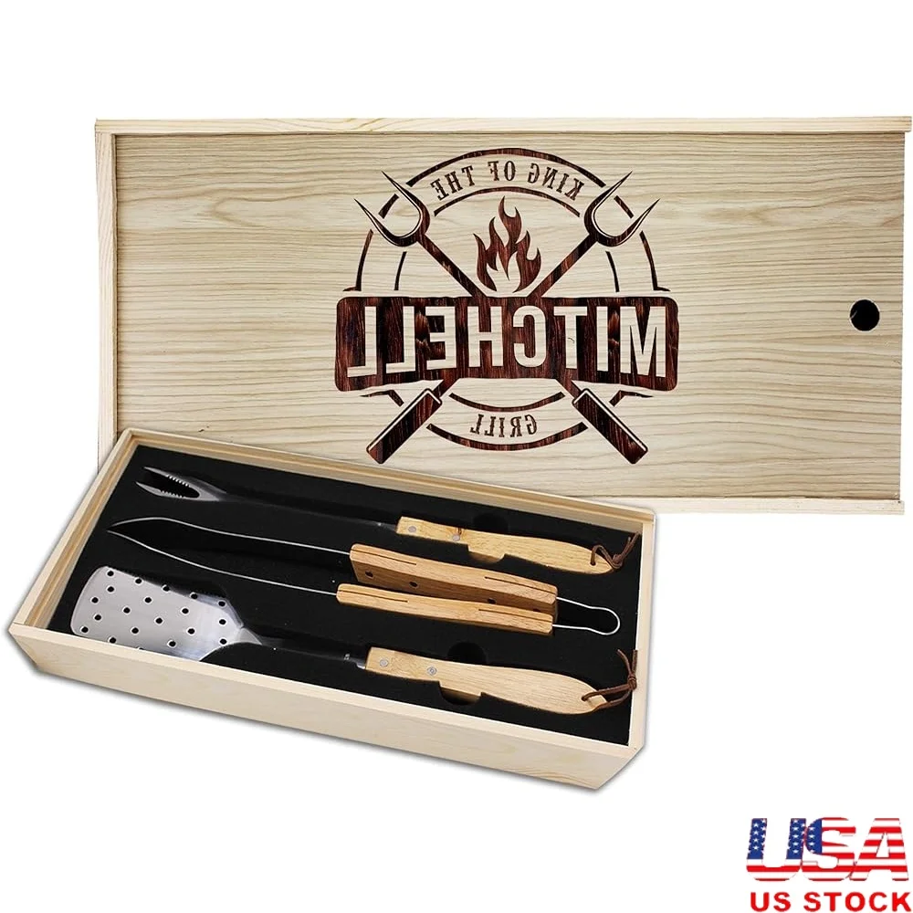

Custom Engraved BBQ Tools Set Personalized Grilling Accessories Gift Dad Father King of The Grill Barbecue Enthusiast