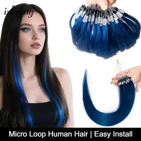 Isheeny-extensión de cabello humano con microbucle azul, recto, 12 pulgadas, 16 pulgadas, 20 pulgadas, anillo de bucle Natural, 50 unidades por paquete, colores elegantes