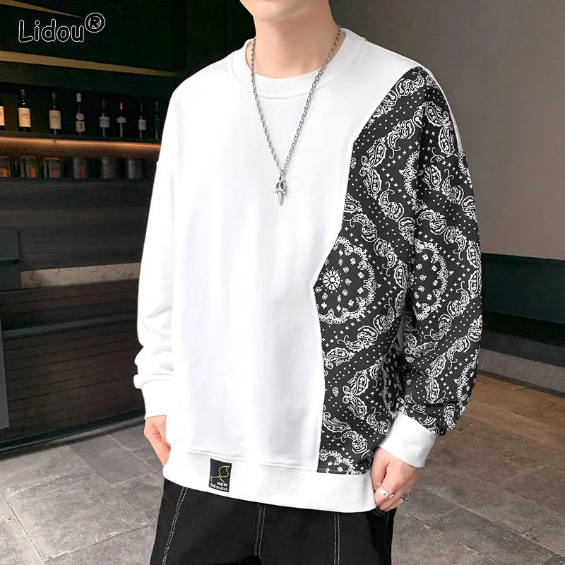 

Japanese Style Cashew Flower Printing Spliced T-Shirts Four Seasons Cotton Pullover Men's Clothing O-Neck Leisure 2022 New Trend