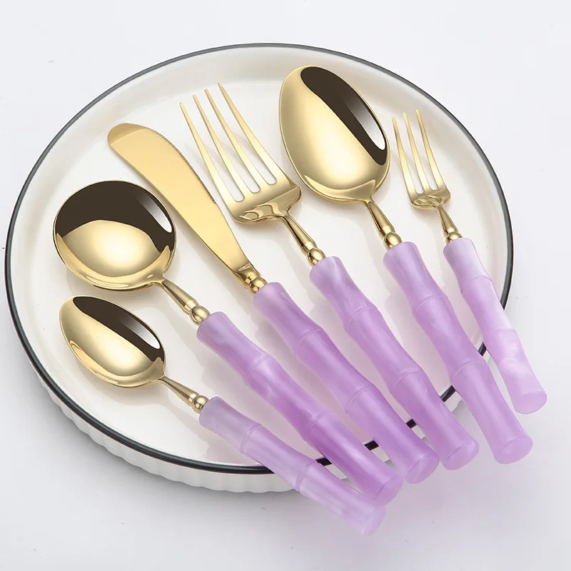 

304 Stainless Steel Tableware Golden Bamboo Knife Fork Spoon Acrylic Set