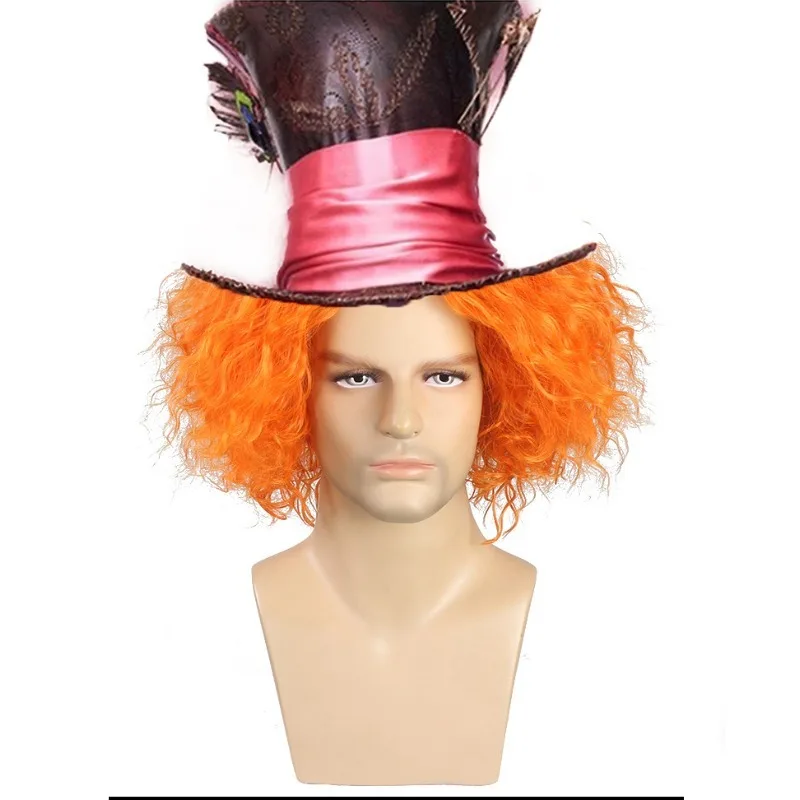 Wig Cap+ Eyebrow Mad Wig for Men Orange Wigs Short Curly Cosplay Wigs for Anime Costume for Halloween Party Funny Hair for Adult