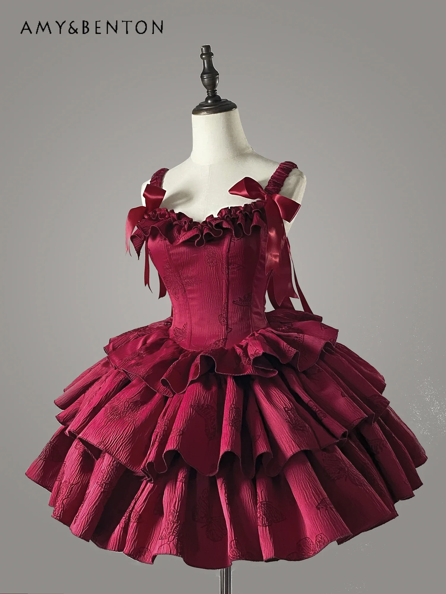 Sweet Party Wedding Dress Lolita Butterfly Fishbone Wine Red Gothic Three-Section JSK Dresses Women Summer Ruffles Pleated Dress