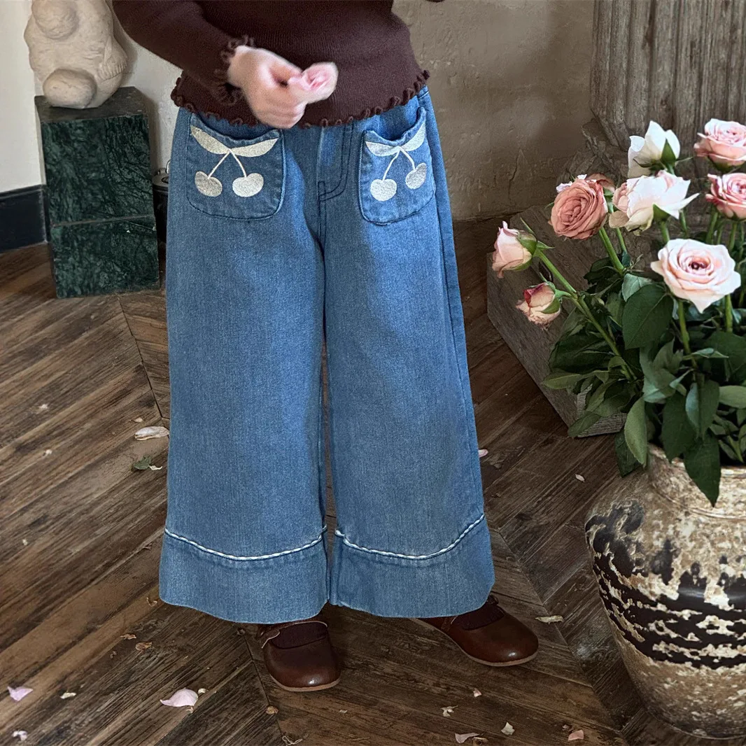 

Girls Pants 2025 Autumn and Winter New Children's Clothing Girls Baby Embroidery Pocket Jeans Casual Simple and All Match