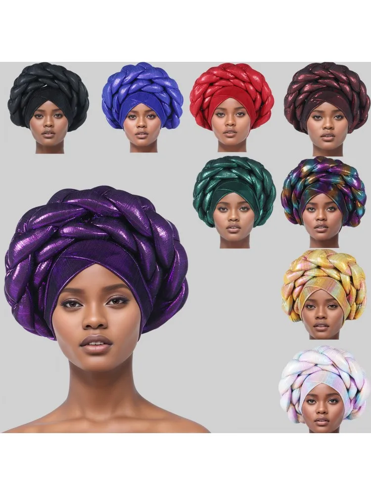 Moda mujer brillo plisado turbante gorra para mujer Auto Gele Headtie mujer envolturas para la cabeza africano Nigeria tocado para fiesta de boda