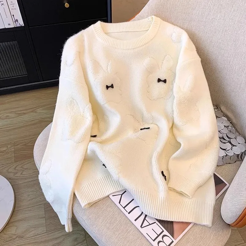 

Cartoon Bow Cute Sweaters Women Vintage O Neck Long Sleeve Knitted Jumper Japan Loose Preppy Style Lady Casual Kawaii Pullovers