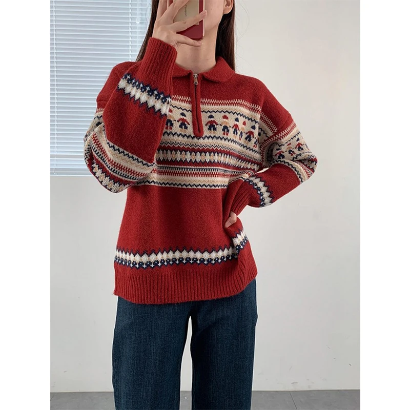 Vintage Print Sweater Women Christmas Red Knitted Pullovers Korean Half Zipper Long Sleeve Knitwear Fall Winter Casual Jumpers