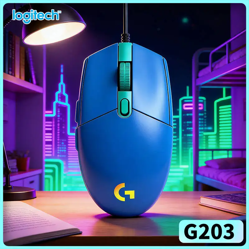 Logitech G203 wired gaming mouse ergonomic palm‑curved shell dynamic RGB glow anti‑slip feet USB laptop pc gaming