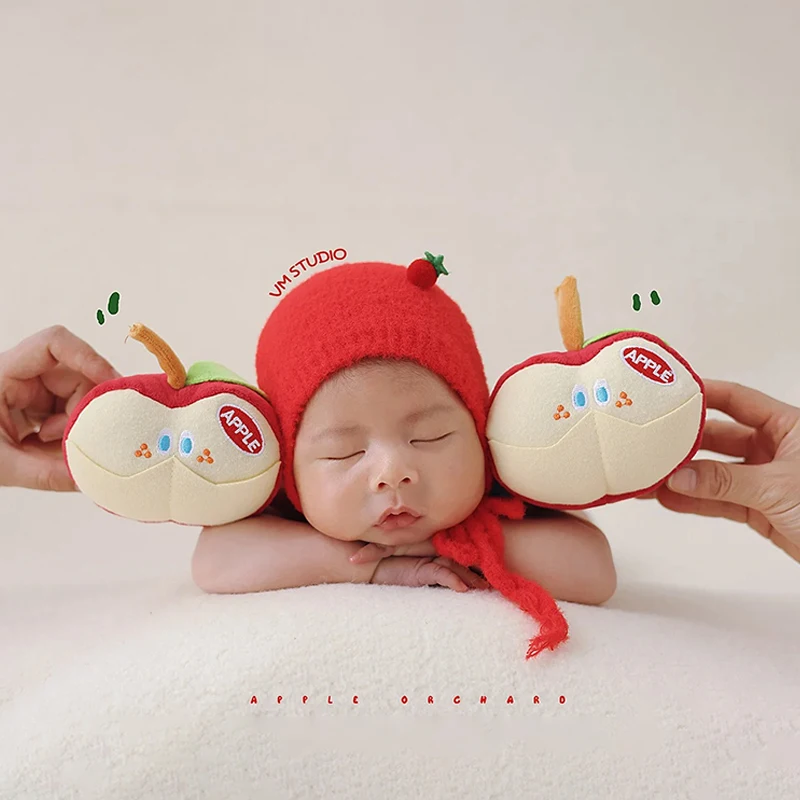 과일 테마 신생아 사진 의상 아기 패션 체크 무늬 점프 슈트 Apple Posing Dolls 0-1 개월 유아 출생 사진 촬영