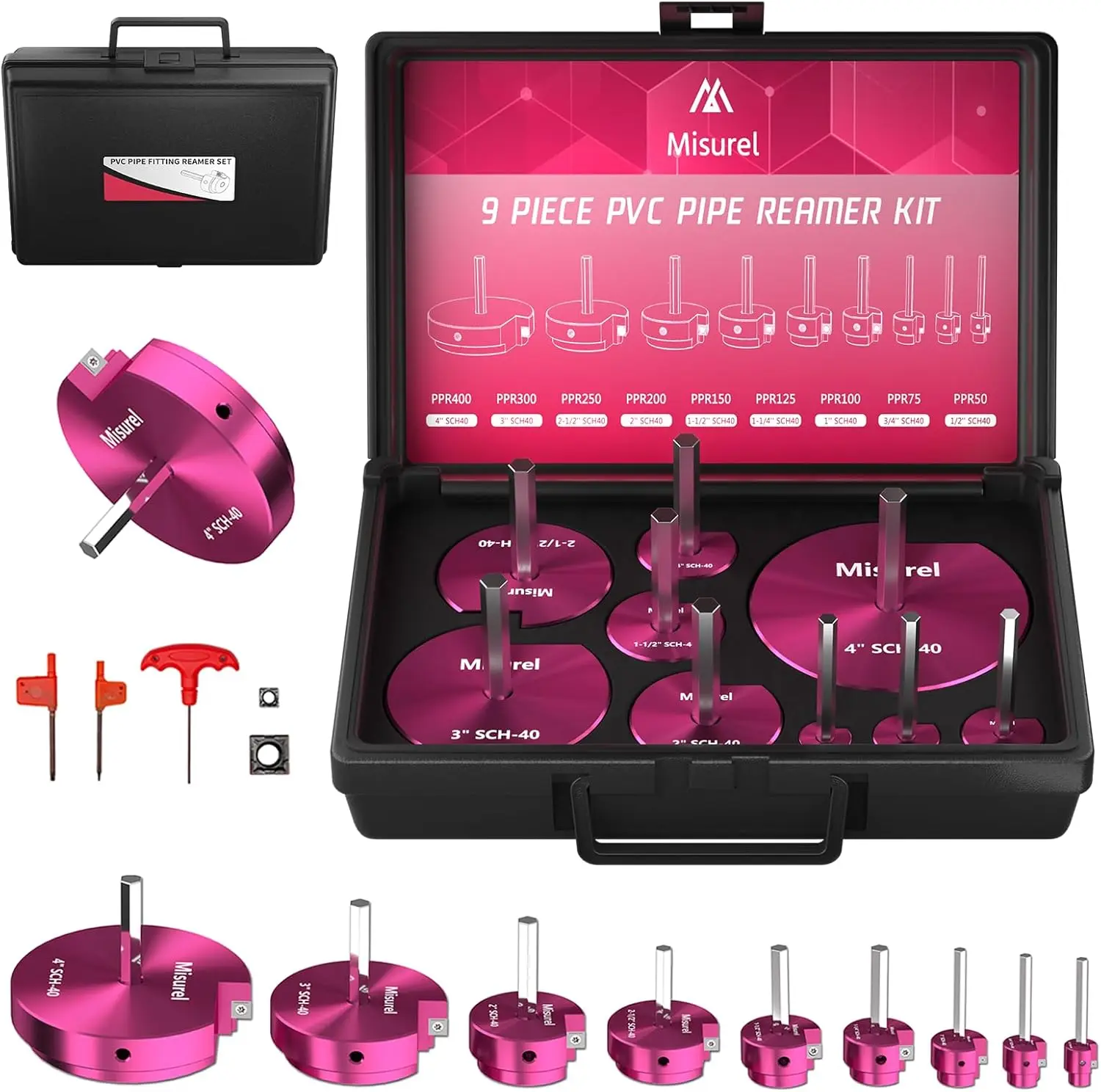Kit de reamer de tubo de PVC de 9 peças com 1/2 polegadas, 3/4 polegadas, 1 polegada, 1-1/4 polegadas, 1-1/2 polegadas, 2 polegadas, 2-1/2 polegadas, 3 polegadas, 4 polegadas, 2 inserções de carboneto