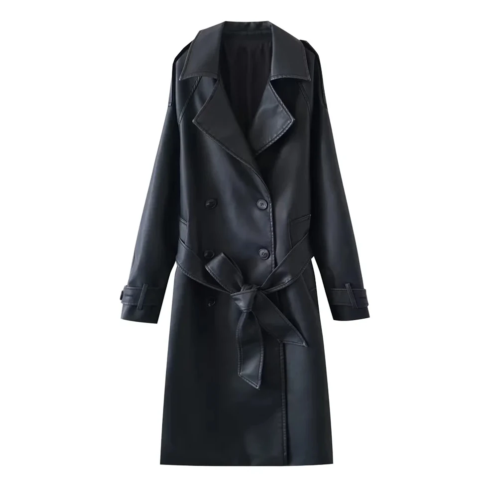 

PB&ZA women's 2024 casual style temperament simple lapel double row buckle waist belt medium long leather trench coat