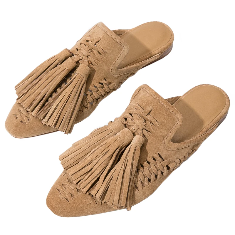 2023 Summer Shoes Woman Genuine Leather Tassel Flat With Slippers Lazy Muller Shoe Sandals Casual Slides Flip Flops Flats Shoe