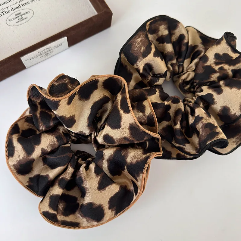 Leopardo estampado dupla camada de cabelo grande scrunchies para mulheres, bandana elegante, faixa feminina, laço rabo de cavalo, corda retrô, moda nova