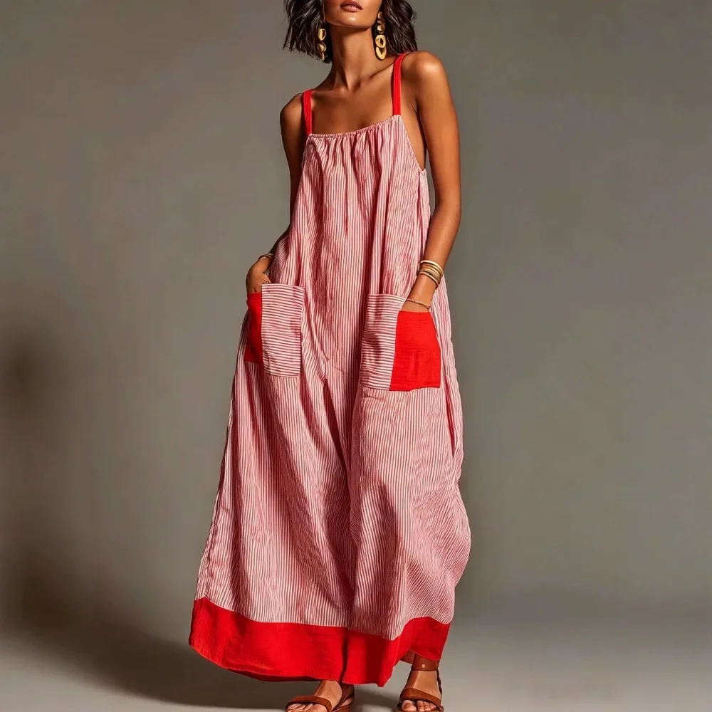 European American Striped Sleeveless Dress 2026 New Summer Elegant Travel Long Dress Casual Office Resort Minimalist Chic Ladies