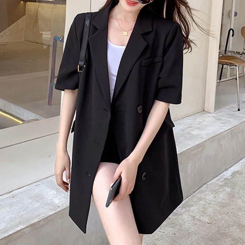 Summer New Solid Color Fashion Short Sleeve Blazers Women High Street Casual Loose Button Youth All-match Mid-length Cardigan