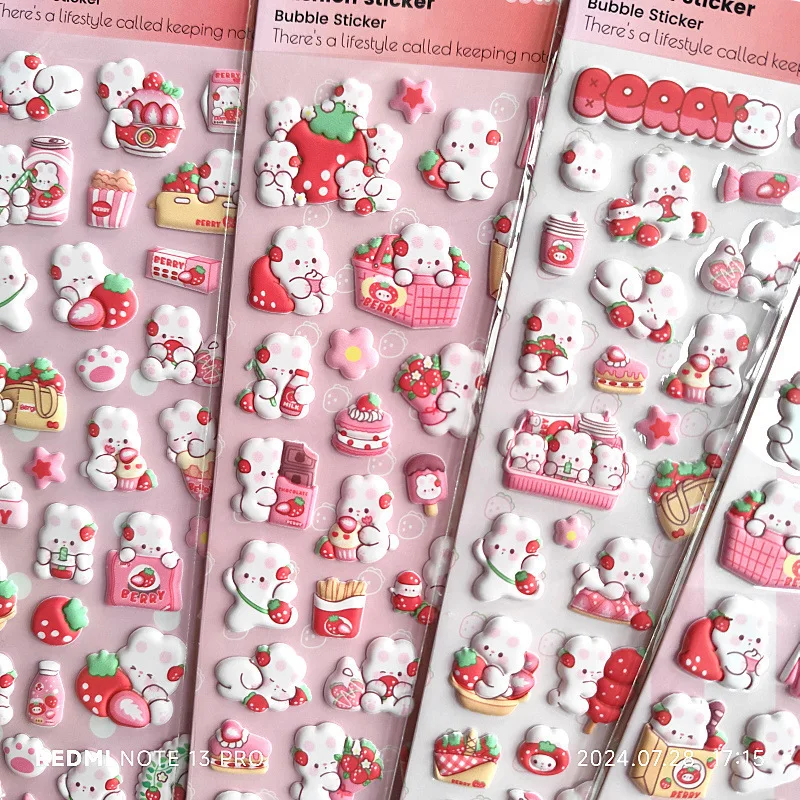 4sheets Strawberry Bunny EVA Foam Stickers for Kids Scrapbook Diary Cute Cartoon 3D Soft Girl Stationery Kawaii Gift