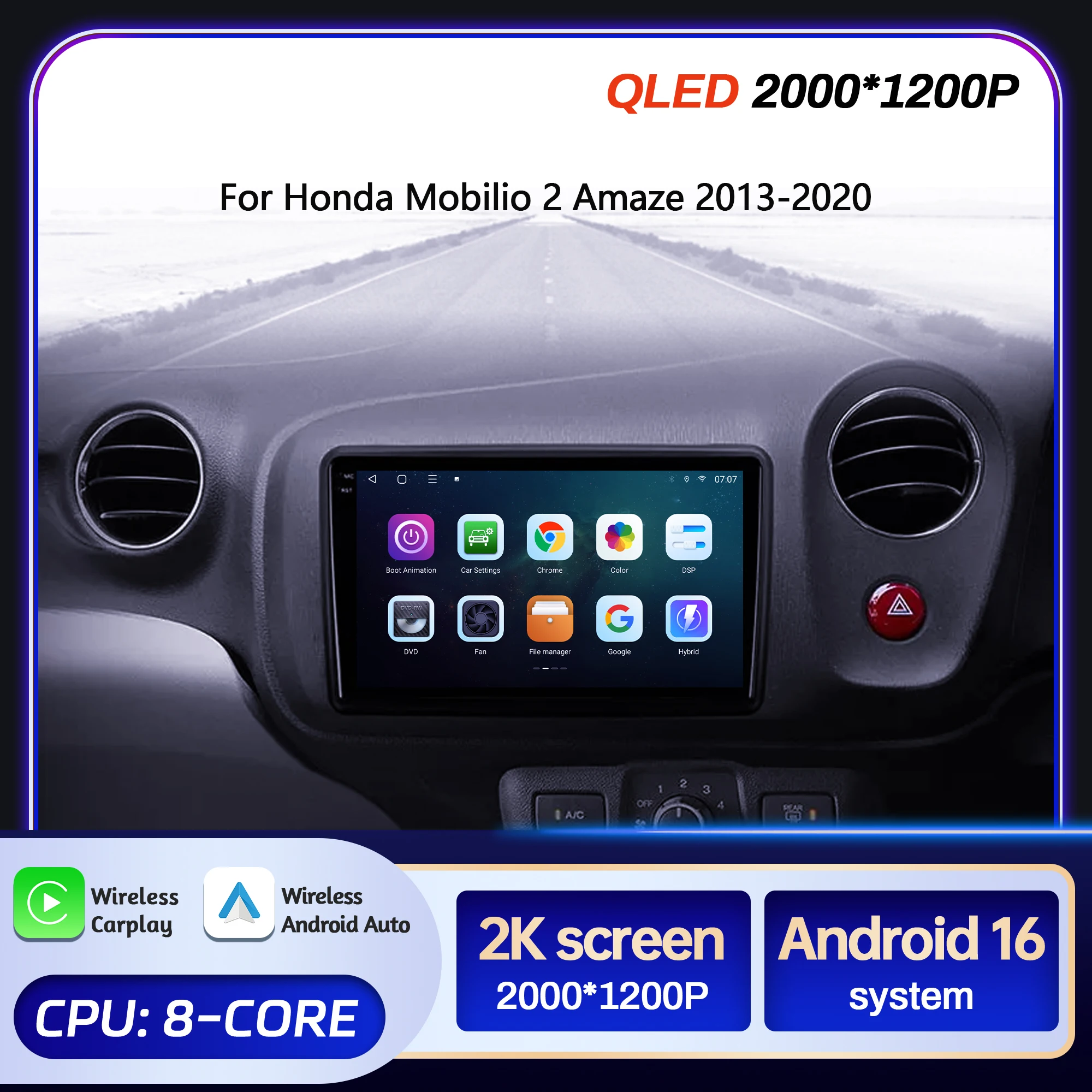9inch Car Radio For Honda Mobilio 2 Amaze 2013-2020 BT Carplay Android 16 Multimedia Navigation Head Unit 2K QLED Screen