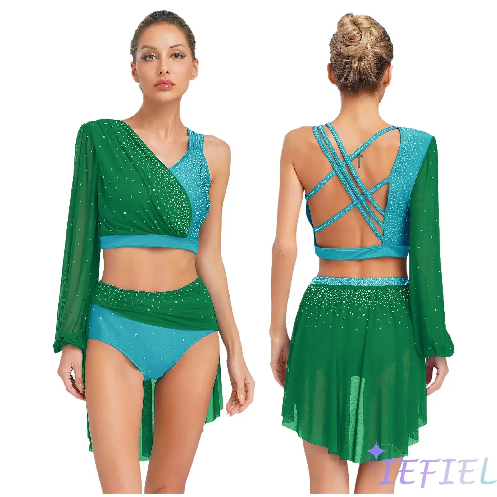 

Womens Jazz Cha-cha Tango Rhinestone Single Sleeve Backless Crop Top And Mesh Skirted Briefs 2-piece Suit for Stage Performance