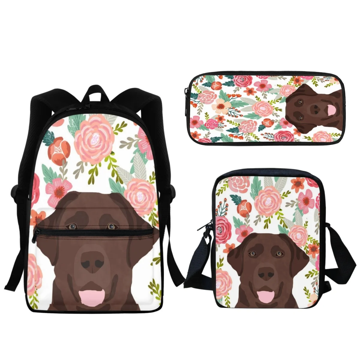 Cartoon Dog e Floral Print School Bags para crianças, mochila Zipper, presente de volta à escola, ferramentas de aprendizado, animais fofos, engraçado, 3 pcs