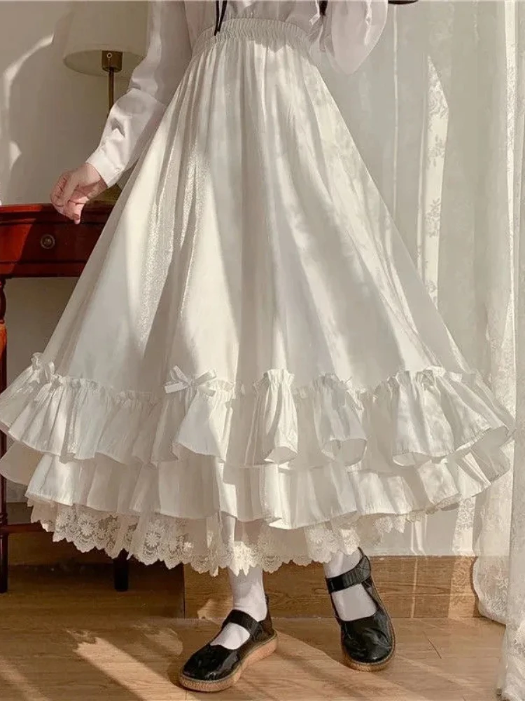 Japanese Fashion Sweet Lace Midi Skirt Women High Waist Ruffle Hem Bow Solid Color Skirt Autumn Cute Casual Elegant Chic Outfit