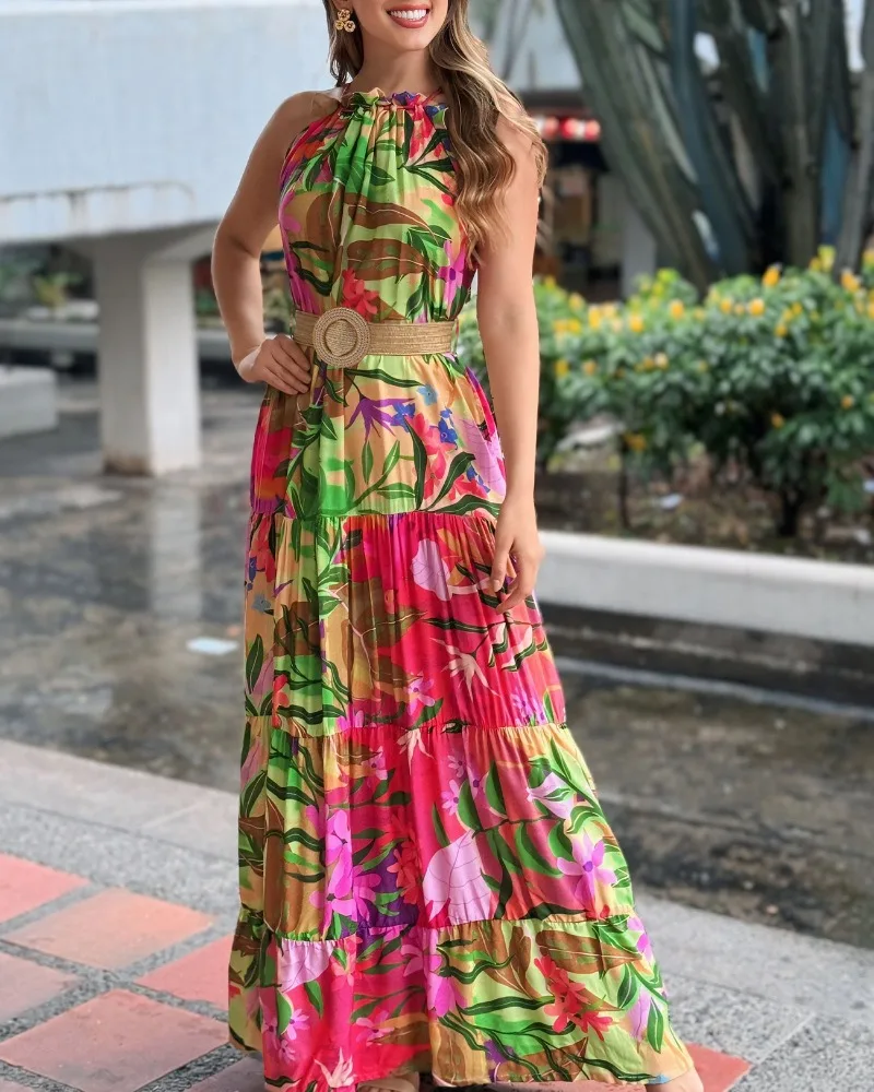 Abito estivo alla moda da donna con stampa tropicale, maxi abito senza maniche increspato con scollo all'americana, abito grembiule fluido casual con linea A