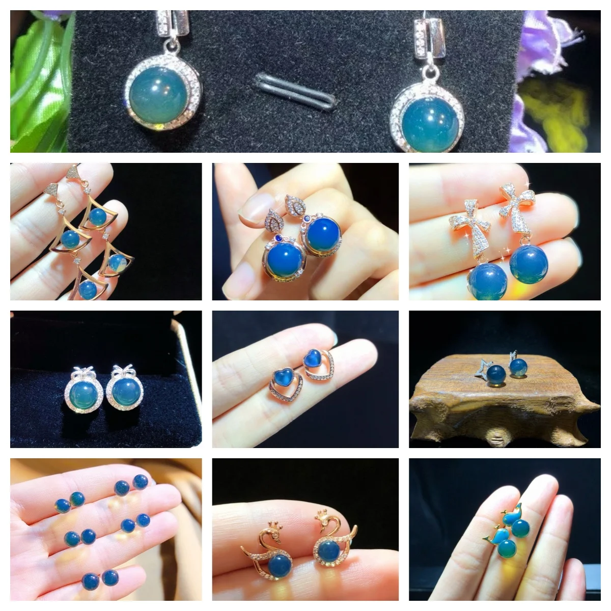 

925 Silver Natural Mexican Blue Amber Earring Gold Bowknot/Swan/Dolphin/Star/Heart Ear Hook Drop Dangle Stud Blue Stone Jewelry