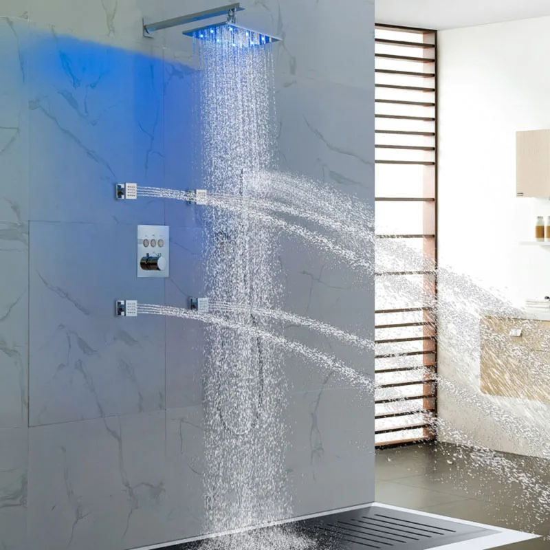 

Chrome Thermostatic Shower System with LED Rainfall Head 4 Body Jets & Handheld Spray Wall Mounted Bathroom Shower Faucet Set